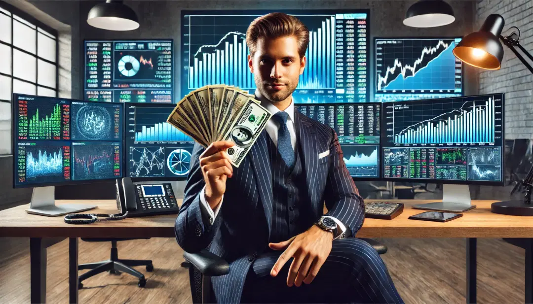 https://drive.gurucool.life/blogsImage/1722487339913.DALL·E-2024-08-01-09.47.26---A-confident-man-in-a-suit-sitting-in-front-of-computer-screens-displaying-stock-market-charts-and-graphs,-holding-a-fan-of-dollar-bills-in-one-hand-an.webp